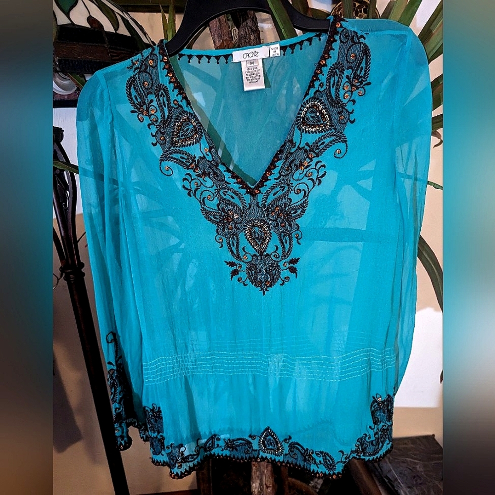 Cache Embellished Turquoise Sheer Cover/Tunic. - image 1